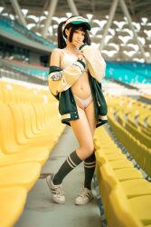 Rule 34 | 1girl, arena, asian, baseball cap, bra, breasts, chair, chinese (nationality), chunmomo0127, cleavage, covering own mouth, covering privates, green baseball cap, green jacket, green socks, hat, jacket, loose jacket, medium breasts, navel, outdoors, oversized clothes, oversized jacket, panties, photo (medium), real life, shoes, shoulder, shoulder out, sneakers, socks, standing, stomach, thighs, unbuttoned, unbuttoned jacket, underwear, wedgie, white bra, white chair, white footwear, white panties, yellow chair