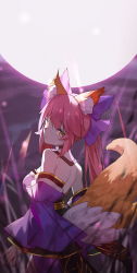 Rule 34 | 1girl, absurdres, animal ears, bare shoulders, blue legwear, bow, breasts, cleavage, detached sleeves, erlge, fate/grand order, fate (series), fox ears, fox tail, full moon, hair bow, hair ribbon, highres, japanese clothes, large breasts, looking at viewer, looking back, moon, night, outdoors, pink hair, ribbon, tail, tamamo (fate), tamamo no mae (fate/extra), tears, yellow eyes