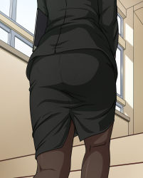 Rule 34 | 1girl, amagami, ass, back, black skirt, from behind, head out of frame, indoors, legs, long sleeves, negurie, pantyhose, pantylines, pencil skirt, skirt, solo, stairs, standing, takahashi maya, thighs, walking, window