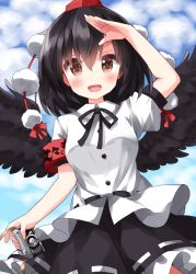 Rule 34 | 1girl, armband, belt, bird wings, black belt, black hair, black ribbon, black skirt, black wings, breasts, brown eyes, camera, cloud, cloudy sky, collared shirt, cowboy shot, day, feathered wings, frilled skirt, frills, hat, highres, holding, holding camera, medium breasts, neck ribbon, one-hour drawing challenge, open mouth, outdoors, pom pom (clothes), puffy short sleeves, puffy sleeves, red hat, ribbon, ruu (tksymkw), salute, shameimaru aya, shirt, short hair, short sleeves, skirt, sky, solo, tassel, tokin hat, touhou, translated, white shirt, wings