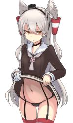 Rule 34 | 1girl, absurdres, amatsukaze (kancolle), black panties, brown dress, clothes lift, dress, dress lift, garter straps, gloves, hair between eyes, hair tubes, highres, kantai collection, lifting own clothes, long hair, long sleeves, myht, navel, open mouth, panties, sailor collar, sailor dress, shaded face, silver hair, simple background, single glove, smoke, solo, striped clothes, striped thighhighs, thighhighs, two side up, underwear, white background, white gloves