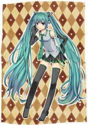 Rule 34 | 1girl, aqua eyes, aqua hair, argyle, argyle background, argyle clothes, boots, detached sleeves, hand on own hip, hatsune miku, headset, long hair, looking at viewer, minapusu, necktie, shidou riko, skirt, smile, solo, thigh boots, thighhighs, twintails, very long hair, vocaloid