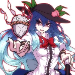 Rule 34 | 1girl, blue hair, bow, floating rock, food, fruit, hat, hinanawi tenshi, long hair, looking at viewer, miata (miata8674), open mouth, peach, puffy short sleeves, puffy sleeves, red eyes, rope, shaded face, shimenawa, shirt, short sleeves, skirt, smile, solo, touhou, very long hair