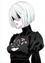 Rule 34 | black blindfold, blindfold, breasts, cleavage, cleavage cutout, clothing cutout, fetishist, hair between eyes, highres, mole, mole under mouth, nier (series), nier:automata, parted lips, pink lips, puffy sleeves, see-through, short hair, solo, teeth, turtleneck, upper body, upper teeth only, white hair, 2b (nier:automata)
