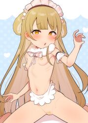 Rule 34 | 1girl, :o, absurdres, animal ears, apron, blunt bangs, blush, bow, bowtie, breasts, cleft of venus, detached sleeves, floppy ears, full body, hair bow, heart pasties, highres, inaba haneru (animare), light brown hair, long hair, looking at viewer, luyheg, maebari, maid headdress, medium bangs, naked apron, nanashi inc., navel, open mouth, pasties, pink bow, pink bowtie, pussy, rabbit ears, sitting, small breasts, solo, very long hair, virtual youtuber, waist apron, wariza, white apron, white sleeves, yellow eyes, yellow pasties