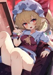 Rule 34 | 1girl, absurdres, blonde hair, bow, dfra, flandre scarlet, hat, hat bow, highres, long hair, looking at viewer, one side up, open mouth, red eyes, short sleeves, smile, solo, touhou, white hat