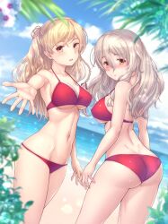 Rule 34 | 2girls, alternate costume, ass, beach, bikini, blonde hair, blue sky, blush, breasts, brown eyes, cloud, day, dimples of venus, dutch angle, foreshortening, hair between eyes, horizon, kantai collection, large breasts, long hair, looking at viewer, multiple girls, navel, nose blush, ocean, outdoors, outstretched arm, pola (kancolle), red bikini, ryu-akt, sky, swimsuit, thick eyebrows, zara (kancolle)