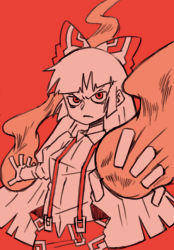 Rule 34 | 1girl, annoyed, bad id, bad pixiv id, bow, female focus, fire, fire, fujiwara no mokou, hair bow, long hair, red background, red theme, sixxxx, solo, suspenders, touhou