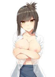 Rule 34 | 1girl, arm under breasts, black skirt, blush, breast hold, breasts, brown hair, closed mouth, collarbone, collared shirt, commentary, dress, dress shirt, embarrassed, english commentary, hair between eyes, highres, kojima kana, large breasts, looking at viewer, mengo, nande koko ni sensei ga!?, navel, nipples, no bra, open clothes, open shirt, ponytail, shiny skin, shirt, short hair, short sleeves, sidelocks, skirt, solo, standing, stomach, swept bangs, white background, white shirt, wing collar, yellow eyes