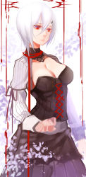 Rule 34 | 1girl, bad id, bad pixiv id, black dress, breasts, choker, cleavage, dress, large breasts, parted lips, pixiv fantasia, pixiv fantasia t, red eyes, ribbon, short hair, silver hair, solo, xiaoshou xiansheng