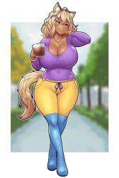 Rule 34 | 1girl, animal ears, arm behind head, blonde hair, blush, boots, breasts, cleavage, commentary, commission, cup, curvy, denim, english commentary, erkaz, eyeshadow, full body, highres, holding, holding cup, huge breasts, jeans, jewelry, knee boots, looking to the side, makeup, mug, necklace, original, pants, purple eyeshadow, purple sweater, ribbed sweater, smile, solo, standing, sweater, tail, walking, wide hips, yellow eyes, yellow pants