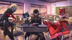 Rule 34 | 10s, 1girl, 2boys, amamiya ren, bad id, bad pixiv id, black hair, black jacket, blonde hair, boots, cat, cat mask, classroom, dagger, desk, domino mask, finger to mouth, gloves, highres, ian olympia, indoors, jacket, knife, crossed legs, looking at viewer, mask, morgana (persona 5), multiple boys, persona, persona 5, red gloves, sakamoto ryuuji, scarf, school desk, skull mask, smile, takamaki anne, thigh boots, thighhighs, twintails, weapon, window