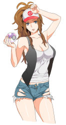 Rule 34 | 10s, 1girl, aged up, antenna hair, arm up, armpits, bare shoulders, baseball cap, blue eyes, breasts, brown hair, cleavage, creatures (company), cutoffs, denim, denim shorts, game freak, hat, highres, hilda (pokemon), long hair, master ball, nintendo, open fly, poke ball, pokemon, pokemon bw, short shorts, shorts, simple background, skindentation, solo, takase (harakiri), tank top, torn clothes, unbuttoned, unzipped, white background