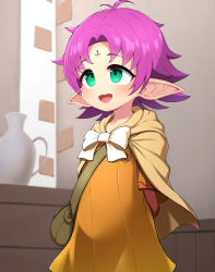 Rule 34 | 1girl, :d, absurdres, arms behind back, bag, blush, bow, cape, collarbone, dress, eyebrows, facial mark, fae (fire emblem), female focus, fire emblem, fire emblem: the binding blade, forehead mark, green eyes, highres, hondaranya, indoors, nintendo, open mouth, orange dress, pink hair, pointy ears, satchel, short hair, smile, solo, standing, textless version, upper body, white bow