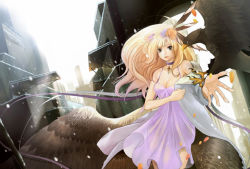 Rule 34 | 1girl, animal, bird, breasts, choker, cleavage, dress, feather hair ornament, feathered wings, feathers, flower, hair flower, hair ornament, hawk, lavender dress, long hair, looking at viewer, mochi (pixiv53625), original, outstretched hand, purple dress, ribbon, rose, see-through, solo, sunlight, wings