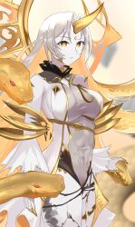 Rule 34 | 1girl, bare shoulders, blonde hair, bodysuit, breasts, clothing cutout, covered navel, cowboy shot, fire emblem, fire emblem heroes, forehead jewel, gold horns, gold trim, gradient clothes, grey bodysuit, grey hair, gullveig (fire emblem), highres, horns, large breasts, long hair, long sleeves, multicolored hair, nintendo, ondur, pale skin, simple background, single horn, snake, snake hair, solo, thigh cutout, thighs, two-tone hair, very long hair, yellow eyes, yellow horns