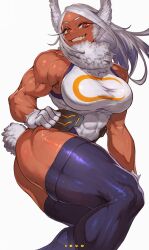 Rule 34 | 1girl, absurdres, animal ears, armpit crease, artist name, bare shoulders, biceps, boku no hero academia, breasts, covered abs, crescent print, dark-skinned female, dark skin, fur collar, gloves, grin, hand on own hip, highleg, highleg leotard, highres, ibuo (ibukht1015), large breasts, leotard, long eyelashes, long hair, looking at viewer, mirko, muscular, muscular female, parted bangs, purple thighhighs, rabbit ears, rabbit girl, rabbit tail, red eyes, sleeveless turtleneck leotard, smile, solo, tail, taut leotard, teeth, thick thighs, thighhighs, thighs, twisted torso, white gloves, white hair, white leotard