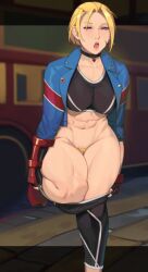 Rule 34 | 1girl, abs, blonde hair, cammy white, choker, commentary, english commentary, female pubic hair, jacket, muscular, muscular female, navel, nidhoggn, open clothes, open jacket, open mouth, pubic hair, short hair, solo, street fighter, street fighter 6, teeth, tongue
