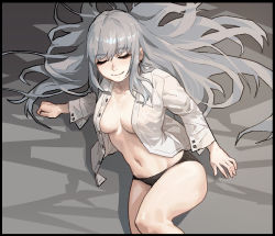 Rule 34 | 1girl, arm support, black panties, breasts, closed eyes, closed mouth, collarbone, collared shirt, commentary, gogalking, grey background, grey hair, hair between eyes, highres, long hair, long sleeves, lying, navel, open clothes, open shirt, original, panties, shirt, sidelocks, simple background, smile, solo, stomach, symbol-only commentary, underwear, very long hair, white shirt