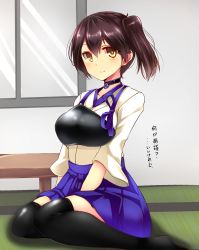 Rule 34 | 10s, 1girl, black thighhighs, breasts, brown eyes, brown hair, collar, female focus, hair between eyes, hakama, hakama short skirt, hakama skirt, highres, japanese clothes, kaga (kancolle), kantai collection, large breasts, muneate, open mouth, pleated skirt, short hair, side ponytail, sitting, skirt, smile, solo, thighhighs, tsukui kachou, wariza, zettai ryouiki