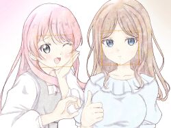Rule 34 | 2girls, bang dream!, bang dream! it&#039;s mygo!!!!!, blue dress, blue eyes, blush, breasts, brown hair, chihaya anon, closed mouth, commentary request, dress, facial recognition, gradient background, grey dress, grey eyes, hand on own cheek, hand on own face, heart hands failure, highres, long hair, long sleeves, looking at viewer, medium breasts, miikoko, multiple girls, nagasaki soyo, one eye closed, open mouth, pinafore dress, pink hair, puffy short sleeves, puffy sleeves, shirt, short sleeves, sidelocks, sleeveless, sleeveless dress, upper body, white shirt