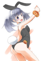 Rule 34 | 1girl, absurdres, animal ears, ass, black leotard, blunt bangs, commentary request, cowboy shot, detached collar, fake animal ears, grey eyes, grey hair, highres, jack-o&#039;-lantern, kantai collection, leotard, one-hour drawing challenge, ooshio (kancolle), playboy bunny, rabbit ears, short hair, short twintails, smile, solo, standing, taisinkoku, twintails