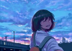 1girl absurdres backpack bag black_hair blue_sky bridge building cloud cloudy_sky evening highres lamppost meanstreet medium_hair original overhead_line scenery sky sky_focus skyscraper sunlight twilight utility_pole