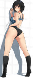 Rule 34 | 1girl, absurdres, amagami, ass, black hair, black one-piece swimsuit, black socks, breasts, brown eyes, commentary, competition swimsuit, from behind, full body, highres, kneehighs, looking at viewer, looking back, medium breasts, nanasaki ai, one-piece swimsuit, racerback, revision, short hair, signature, socks, solo, swimsuit, twitter username, two-tone swimsuit, yoo tenchi