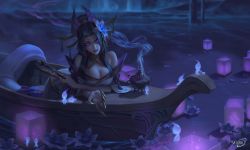 Rule 34 | 1girl, boat, breasts, cassiopeia (league of legends), clawed gauntlets, flower, hair flower, hair ornament, highres, lake, lamia, lamp, large breasts, league of legends, long hair, looking at viewer, monster girl, night, purple eyes, purple hair, saturn (satscarlet), slit pupils, smirk, snake tail, solo, spirit blossom cassiopeia, tail, water, watercraft