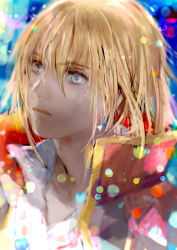 Rule 34 | 1boy, blonde hair, blue eyes, blurry, blurry background, bokeh, closed mouth, collared shirt, commentary request, crystal earrings, depth of field, earrings, expressionless, eyelashes, gem, gold trim, hair between eyes, high collar, highres, howl (howl no ugoku shiro), howl no ugoku shiro, jacket, jacket on shoulders, jewelry, lips, looking afar, looking up, male focus, multicolored clothes, multicolored jacket, necklace, popped collar, shirt, short hair, solo, tomatika, upper body, white shirt