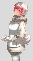 Rule 34 | 1girl, absurdres, cowboy shot, drawstring, fingerless gloves, fur collar, gloves, grey background, highres, hood, hood down, hooded jacket, jacket, japanese macaque (kemono friends), kemono friends, long sleeves, looking at viewer, multicolored hair, pantyhose, pink hair, short hair, simple background, skirt, smile, solo, steepled fingers, striped clothes, striped pantyhose, tail, tanabe (fueisei), two-tone hair, white gloves, white hair, yellow eyes