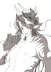 Rule 34 | 1boy, animal ears, animal hands, arknights, arm grab, blush, chong yue (arknights), claws, commentary request, completely nude, cross-shaped pupils, dragon boy, dragon ears, dragon horns, fangs, floating hair, flying sweatdrops, gggarnet, green eyes, green pupils, hand up, horns, long hair, male focus, monster boy, multicolored eyes, multicolored hair, nipples, nude, open mouth, partially colored, pov, red eyes, scales, simple background, streaked hair, symbol-shaped pupils, upper body, white background