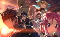 Rule 34 | 3boys, 3girls, ;d, agil, armor, asuna (sao), bare shoulders, black gloves, breastplate, brown hair, coat, detached sleeves, dragon, earrings, fingerless gloves, gloves, grin, hair ornament, hairclip, headband, highres, jewelry, kirito, klein (sao), lisbeth (sao), looking back, multiple boys, multiple girls, one eye closed, open mouth, over shoulder, pink hair, red eyes, scan, short hair, short twintails, silica, smile, sunset, sword, sword art online, sword over shoulder, thighhighs, twintails, wallpaper, weapon, weapon over shoulder, white thighhighs, yuuki tatsuya