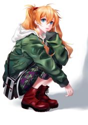 Rule 34 | ahoge, bag, black bag, black pants, blue eyes, boots, clothes writing, collarbone, commentary, commentary request, eyebrows, green jacket, green pants, grey bag, hair ornament, hairclip, hand on own chin, hand on own face, head tilt, highres, hood, hood down, hoodie, jacket, long hair, long sleeves, looking at viewer, messy hair, multicolored bag, multicolored pants, neconel, neon genesis evangelion, open mouth, orange hair, pants, pocket, purple pants, red footwear, shoulder bag, sidelocks, simple background, skin tight, sleeves past fingers, sleeves past wrists, souryuu asuka langley, spandex, squatting, tight clothes, tight pants, tongue, twintails, very long hair, white background, white hoodie