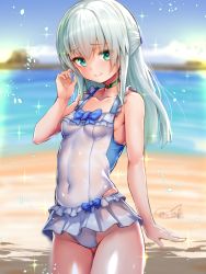 Rule 34 | 1girl, alice gear aegis, beach, blue hair, breasts, choker, closed mouth, commentary request, covered navel, doyouwantto, female focus, frilled skirt, frills, green eyes, half updo, looking at viewer, ocean, ochanomizu mirie, one-piece swimsuit, signature, skindentation, skirt, small breasts, smile, solo, swimsuit