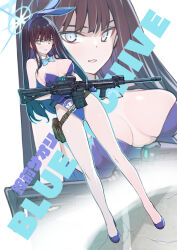Rule 34 | 1girl, absurdres, animal ears, assault rifle, black hair, blue archive, blue eyes, blue gloves, blue halo, blue leotard, bow, bowtie, breasts, detached collar, fake animal ears, full body, gloves, grin, gun, halo, highleg, highleg leotard, highres, holding, holding gun, holding weapon, kojima takeshi, large breasts, leotard, long hair, looking at viewer, playboy bunny, rabbit ears, rifle, saori (blue archive), shoes, sig 516, sig sauer, smile, solo, standing, weapon, zoom layer