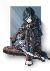 Rule 34 | 1girl, absurdres, bad id, bad pixiv id, belt, black hair, blue eyes, boots, capelet, cleats, commentary request, dagger, fantasy, frown, gloves, highres, holding, holding weapon, hood, hood down, ikasamahideo, khopesh, knife, leather, leather boots, leather gloves, looking at viewer, original, short hair, sitting, solo, steel-toe boots, thigh boots, thighhighs, tsurime, weapon