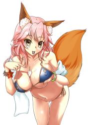 Rule 34 | 10s, 1girl, animal ears, bikini, blue bikini, breast hold, breasts, cleavage, covered erect nipples, eitarou2828, fate/extra, fate/grand order, fate (series), fox ears, fox tail, ice, large breasts, looking at viewer, navel, pink hair, simple background, solo, swimsuit, tail, tamamo (fate), tamamo no mae (fate/extra), tamamo no mae (swimsuit lancer) (fate), tamamo no mae (swimsuit lancer) (third ascension) (fate), tongue, tongue out, white background, yellow eyes