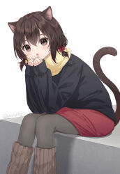 Rule 34 | 1girl, :o, animal ear fluff, animal ears, anz32, black shirt, bow, brown scarf, brown socks, cat ears, cat girl, cat tail, feet out of frame, grey pantyhose, hair between eyes, hair bow, hands up, leaning forward, long sleeves, looking at viewer, low twintails, original, own hands together, pantyhose, parted lips, puffy long sleeves, puffy sleeves, red bow, red skirt, ribbed socks, scarf, shirt, short twintails, simple background, sitting, skirt, sleeves past wrists, socks, solo, tail, twintails, twitter username, white background