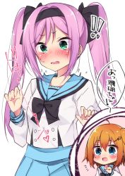 Rule 34 | !, !!, 2girls, :d, ahoge, blue serafuku, blue skirt, blush, bow, bowtie, chibi, chibi inset, commentary request, fang, full-face blush, hair between eyes, hair bow, hair ornament, hairband, hairpin, hands up, heart, heartbeat, highres, long hair, misaki sango, multiple girls, open mouth, pink hair, pleated skirt, re:stage!, sailor collar, school uniform, serafuku, shaking, shikimiya mana, short hair, side ponytail, sidelocks, simple background, sk02, skin fang, skirt, smile, sweatdrop, twintails, upper body, waving, wavy mouth, white background