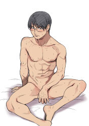 Rule 34 | 1boy, abs, absurdres, black eyes, black hair, collarbone, commentary request, completely nude, covering crotch, covering privates, frown, glasses, highres, looking at viewer, male focus, nagato naotatsu, navel, nude, nudist beach ni shuugakuryokou de!!, shiwasu no okina, sitting, solo, sweat, toned, toned male