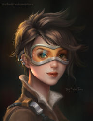 Rule 34 | 1girl, artist name, backlighting, black background, bomber jacket, brown eyes, brown hair, brown jacket, chest harness, dark background, ear piercing, eyebrows, eyelashes, goggles, grey background, harness, highres, jacket, leather, leather jacket, light smile, lips, looking at viewer, messy hair, nose, overwatch, overwatch 1, piercing, portrait, realistic, red lips, resolution mismatch, short hair, signature, solo, source larger, spiked hair, tiny thanh truc, tracer (overwatch), watermark, web address