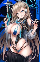 Rule 34 | 1girl, alternate costume, asuna (blue archive), black skirt, blue archive, blue eyes, blue halo, blue nails, blue necktie, breasts, fingernails, grin, gun, halo, headphones, highres, holding, holding gun, holding weapon, kie (yospcd), large breasts, light brown hair, long hair, looking at viewer, mole, mole on breast, nail polish, navel, necktie, skirt, smile, solo, weapon