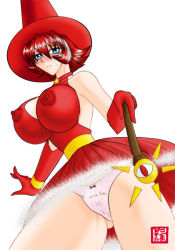 Rule 34 | 1girl, artist request, bare shoulders, blue eyes, blush, bow, bow panties, breasts, capcom, dress, embarrassed, female focus, from below, gloves, hat, impossible clothes, impossible dress, large breasts, looking at viewer, midnight bliss, narrow waist, no bra, panties, pantyshot, pink panties, red hair, short dress, short hair, simple background, solo, sweatdrop, tabasa, tagme, underwear, wand, warzard, white background, witch hat