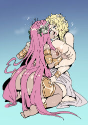 Rule 34 | 2girls, absurdres, aphrodite (hades), aphrodite (shuumatsu no valkyrie), ass, bathsalts, blonde hair, blue eyes, breasts, commentary, crossover, dark-skinned female, dark skin, english commentary, french kiss, gigantic breasts, hades (series), hades 2, highres, huge breasts, kiss, long hair, multiple girls, name connection, nude, pink hair, shuumatsu no valkyrie, very long hair, yuri