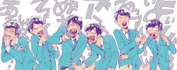 Rule 34 | 10s, 6+boys, antenna hair, bad id, bad twitter id, blue necktie, blush, brothers, clothes pull, formal, lineup, male focus, mari-mason, matsuno choromatsu, matsuno ichimatsu, matsuno jyushimatsu, matsuno karamatsu, matsuno osomatsu, matsuno todomatsu, messy hair, moaning, multiple boys, necktie, osomatsu-kun, osomatsu-san, osomatsu (series), pants, pants pull, screaming, sextuplets, siblings, simple background, smile, suit, sweat, tears, wall-eyed, white background