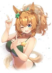 Rule 34 | 1girl, absurdres, alt text, animal ears, bare shoulders, bikini, blue dress, blush, breasts, brown hair, cleavage, collarbone, dress, glint, green bikini, hair ornament, halterneck, hands up, highres, horse ears, horse girl, horse tail, index fingers raised, large breasts, looking at viewer, medium hair, meyamu, navel, one eye closed, open mouth, ponytail, smile, solo, star (symbol), star hair ornament, swimsuit, taiki shuttle (umamusume), tail, teeth, umamusume, upper body, upper teeth only