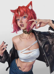Rule 34 | 1girl, absurdres, animal ears, bandages, blue eyes, bob cut, breasts, cleavage, collar, denim, eyebrow piercing, fangs, fox ears, fox girl, highres, jacket, jewelry, leather, leather jacket, lip piercing, liu2e3ing, looking at viewer, medium breasts, midriff, multiple piercings, nail polish, navel, off shoulder, original, piercing, red hair, ring, sarashi, short hair, simple background, solo, stomach tattoo, strapless, tattoo, tube top, white background