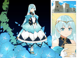 Rule 34 | 1girl, aqua eyes, aqua hair, bare shoulders, black background, blue flower, blue rose, blunt bangs, blush, breasts, brooch, castle, closed mouth, cloud, day, do m tensei! -otome game no sekai ni mob tensei shita rival reijou-tachi ga do s sugiru!-, dress, feet, female focus, flower, full body, gloves, hands together, high heels, highres, holding, holding paper, jewelry, legs, long hair, looking at viewer, multiple views, original, paper, petals, plant, rose, sequential, serious, simple background, sky, small breasts, standing, tamabon (koutetsu shabondama), thighs, tiara