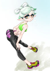 Rule 34 | 1girl, alternate costume, arm behind back, ass, bare arms, bare shoulders, bent over, black leggings, bow-shaped hair, breasts, breath, cross-shaped pupils, earpiece, exhausted, eyelashes, green sports bra, hand on own knee, highres, inkling, koharu2.5, leggings, marie (splatoon), mole, mole under eye, nintendo, pointy ears, red pupils, shoes, short eyebrows, short hair, small breasts, solo, splatoon (series), sports bra, sweat, symbol-shaped pupils, tentacle hair, yellow eyes